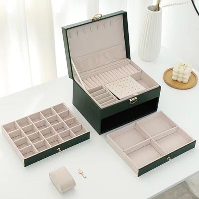 Luxe Groene Pu Vierkante Juwelengevallen met Twee Laden voor Juwelen Vastgestelde Gift