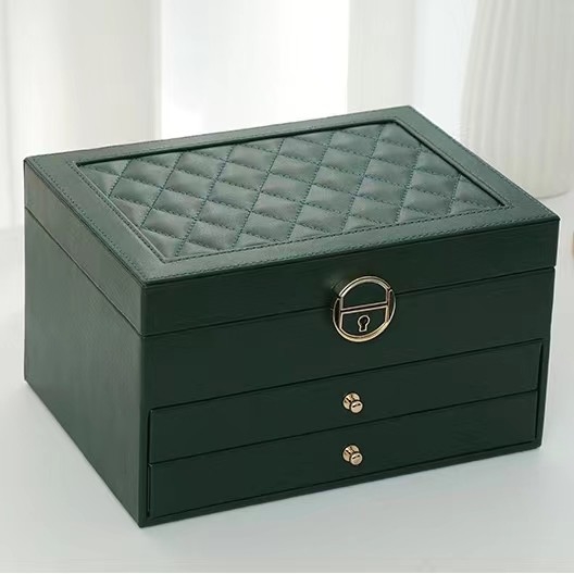 Luxe Groene Pu Vierkante Juwelengevallen met Twee Laden voor Juwelen Vastgestelde Gift